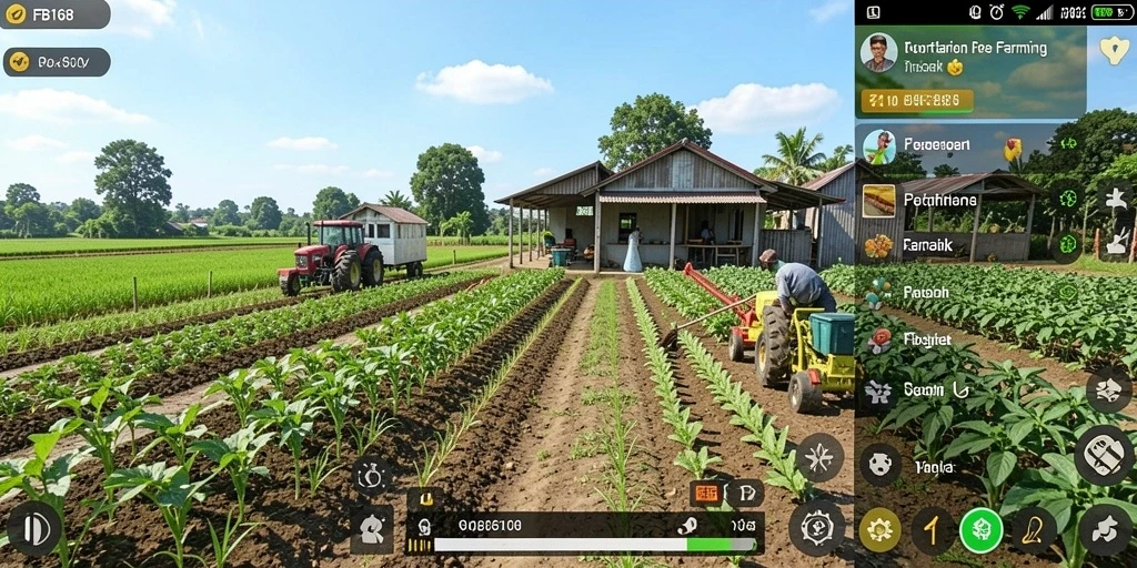 Tampilan gameplay dinamis FB168 dengan aktivitas pertanian yang seru.