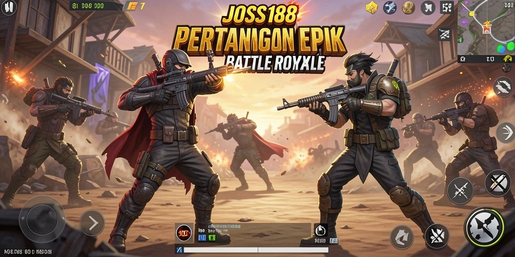 Screenshot utama JOSS188 menampilkan aksi pertempuran sengit dalam mode Battle Royale.