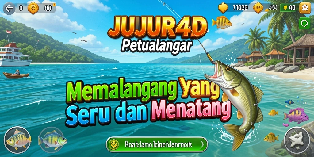 Screenshot utama JUJUR4D menunjukkan pemain menangkap ikan di lokasi memancing yang indah.