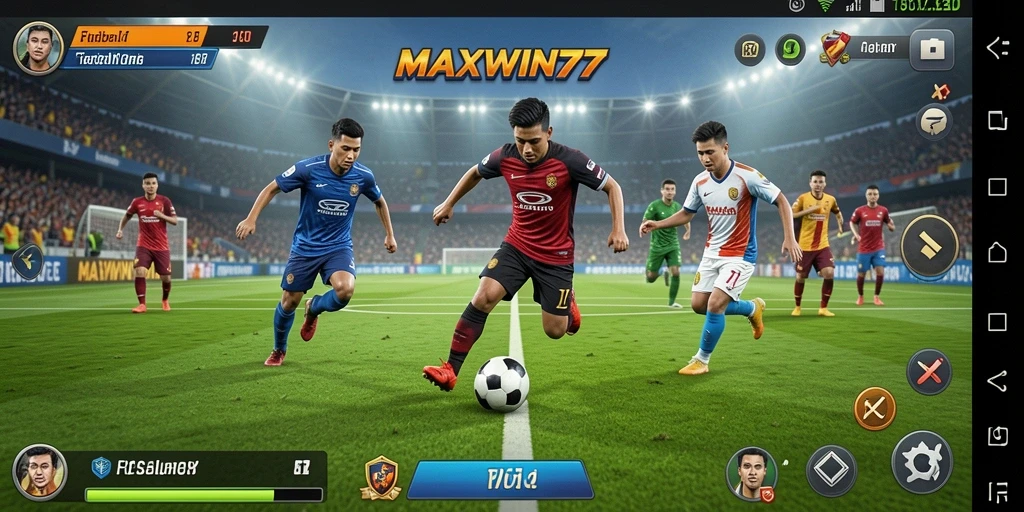 Tampilan foto gameplay <strong>MAXWIN77</strong> yang menampilkan aksi seru di lapangan sepak bola.