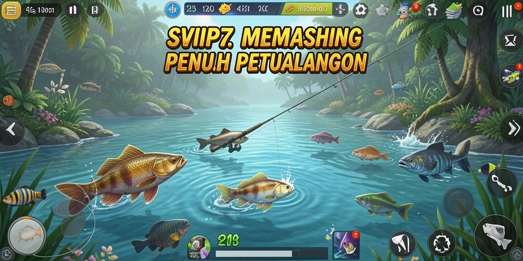 Screenshot SVIP7 menampilkan aksi menarik saat pemain memancing ikan besar.
